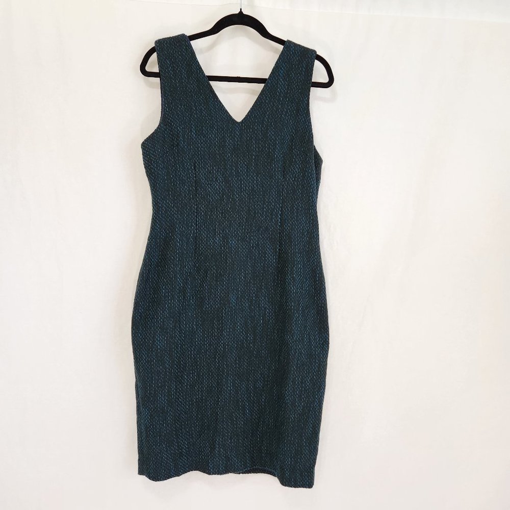 BANANA REPUBLIC Preppy Cocktail Teal Tweed Textured V-Neck Sheath Dress Size 10.